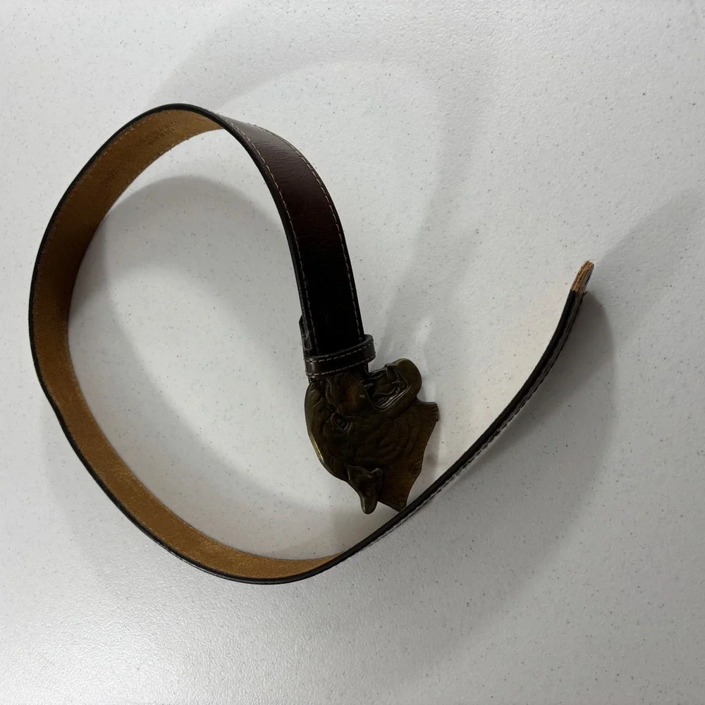 VTG Full Grain Cowhide Leather Belt Bergamont Brass Panther Head Buckle USA 38